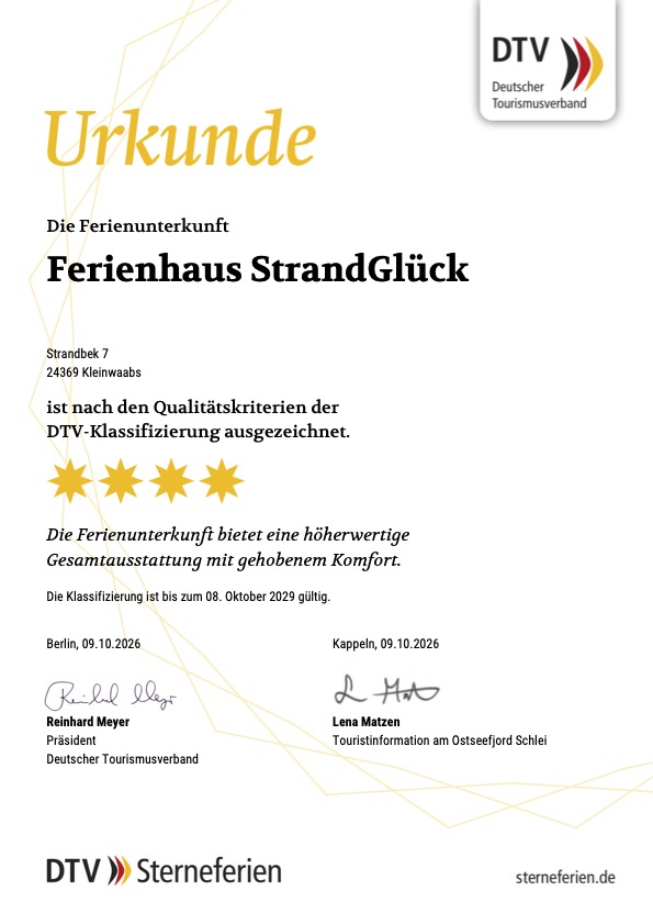 Ferienhaus Strandglück Waabs Zertifizierung